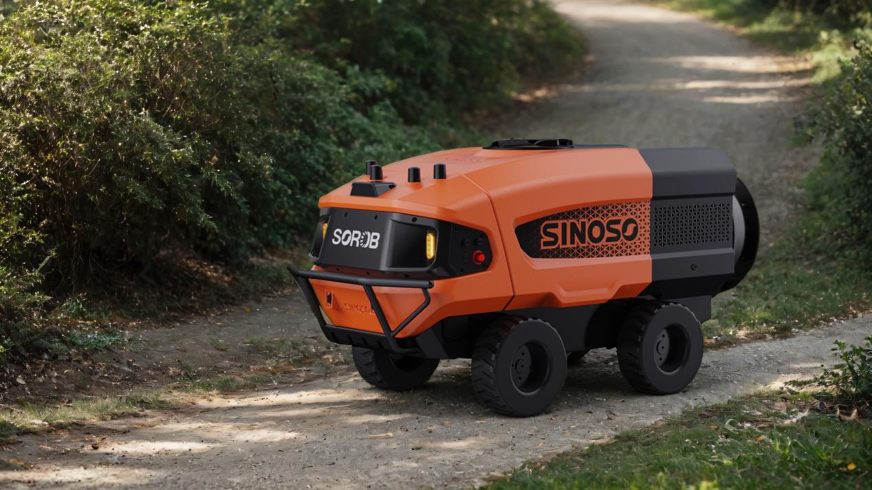 SOROB 300C Series Orchard Robot performing air-assisted precision spraying with 12 nozzles, covering 15-30 mu/h to boost orchard productivity and reduce pesticide waste.